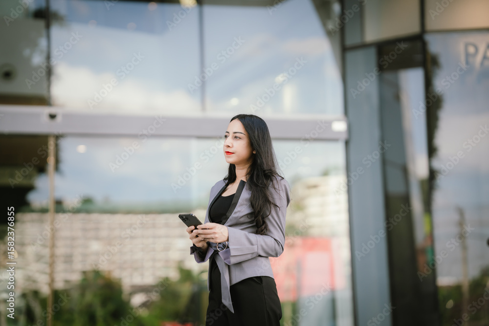 Confident businesswoman standing outdoors in business attire with smartphone, reflecting ambition, leadership, modern lifestyle and success in today's fast-changing digital world. Confident businesswoman standing outdoors in business attire with smartphone, reflecting ambition, leadership, modern lifestyle and success in today's fast-changing digital world.