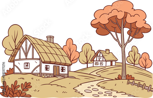 Illustration of two houses with thatched roofs and trees in a rural landscape on a bright day scene view