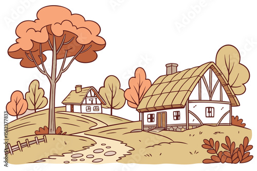 Illustration of two houses with thatched roofs and a large tree on a hill in a rural landscape scene