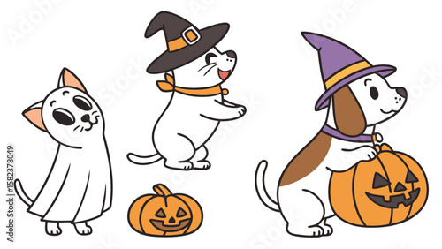 Cartoon halloween scene featuring a cat in a ghost costume and two dogs in witch hats with pumpkins
