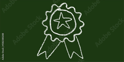 Chalk hand-drawn badge with star icon on green chalkboard background. Doodle vector representing award, rank, achievement, quality, favorite, honor, best choice, rating, and certification.