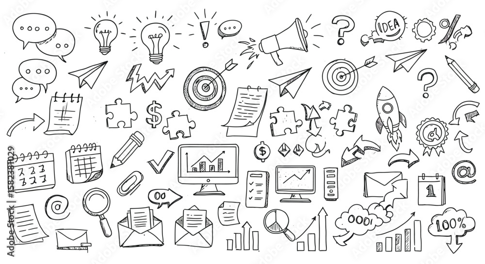 A collection of handdrawn business and idea doodles features icons such as lightbulbs, charts, targets, and speech bubbles, all in a sketchy style