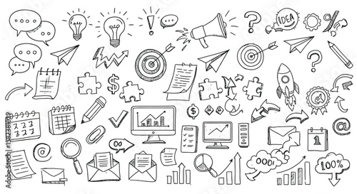 A collection of handdrawn business and idea doodles features icons such as lightbulbs, charts, targets, and speech bubbles, all in a sketchy style