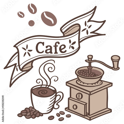 Illustration of a cafe banner with coffee beans a steaming mug and a vintage coffee grinder design