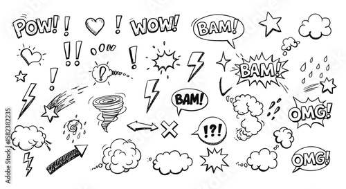 A set of handdrawn comic speech bubbles and effects showcases dynamic expressions like pow, bam, and wow, along with stars, clouds, and arrows