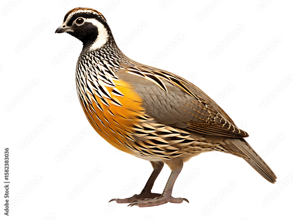 Fototapeta premium Vibrant quail bird with intricate feather patterns standing calmly isolated on transparent background
