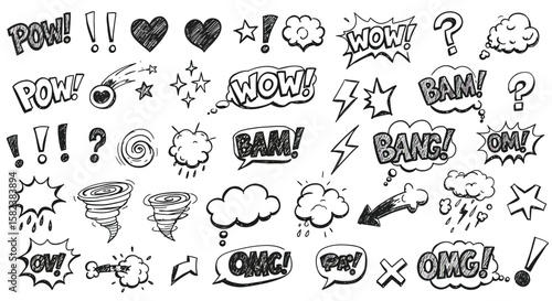 A set of handdrawn comic speech bubbles and effects showcases dynamic expressions like pow, bam, and wow, along with stars, clouds, and arrows