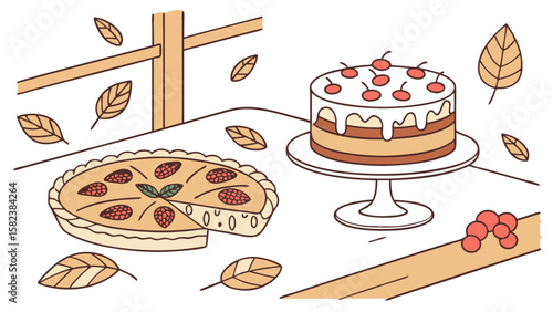 Still life of a cake and pie on a table with falling leaves and a wooden fence in the background