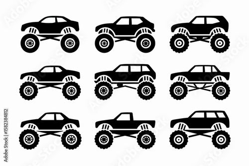 Nine different monster truck silhouettes are arranged in a grid pattern on a white background, showcasing various car and truck body styles.