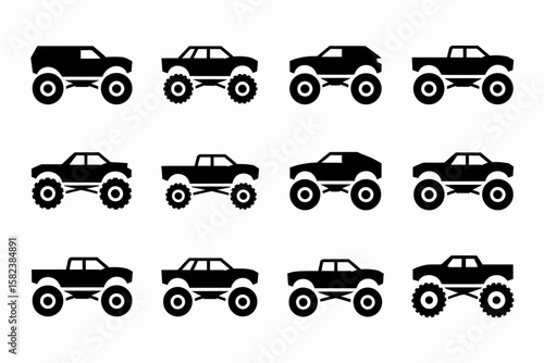 Twelve black silhouette icons of monster trucks with large tires, arranged in three rows of four on a white background.