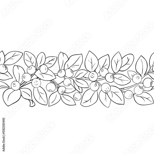 Bilberry Branch with Berries and Leaves Outline Horizontal Seamless Pattern. Organic natural nutritional healthy food ingredient, vegetarian diet product. Vector isolated for design or decoration.