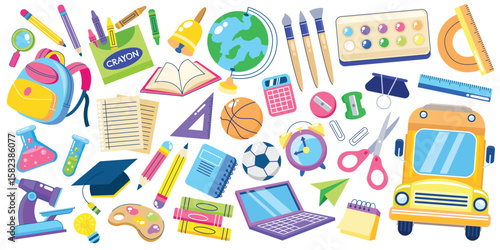 Full set of back to school supplies and stationary vector illustration