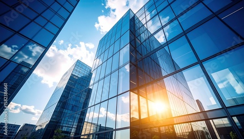 Realistic high-rise office building with glass reflections