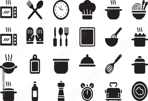 Collection of kitchen related icons including cooking utensils and appliances