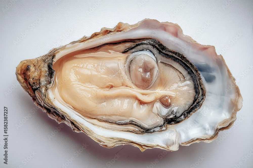 Naklejka premium Fresh open oyster revealing plump juicy oyster meat with a smooth texture and natural interior on a plain light background