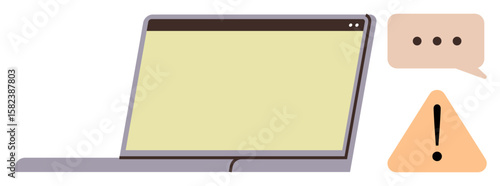 Laptop beside an alert warning sign and a chat bubble with ellipsis. Ideal for technology, communication, attention, security, troubleshooting, notifications, digital risk. Clean simple flat
