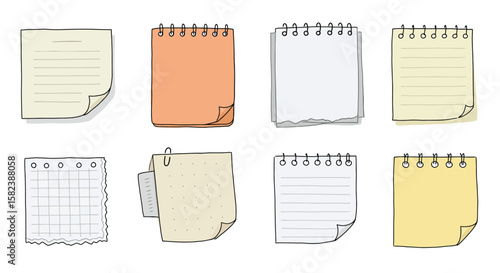 A set of handdrawn notepad illustrations features various paper styles, including lined, blank, and grid, with spiral bindings and curled corners