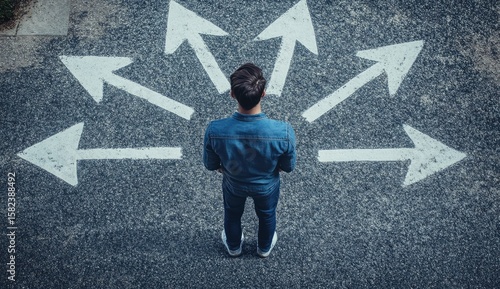 A man stands in front of arrows pointing in different directions, symbolizing the idea that each individual must make their own choice between five options