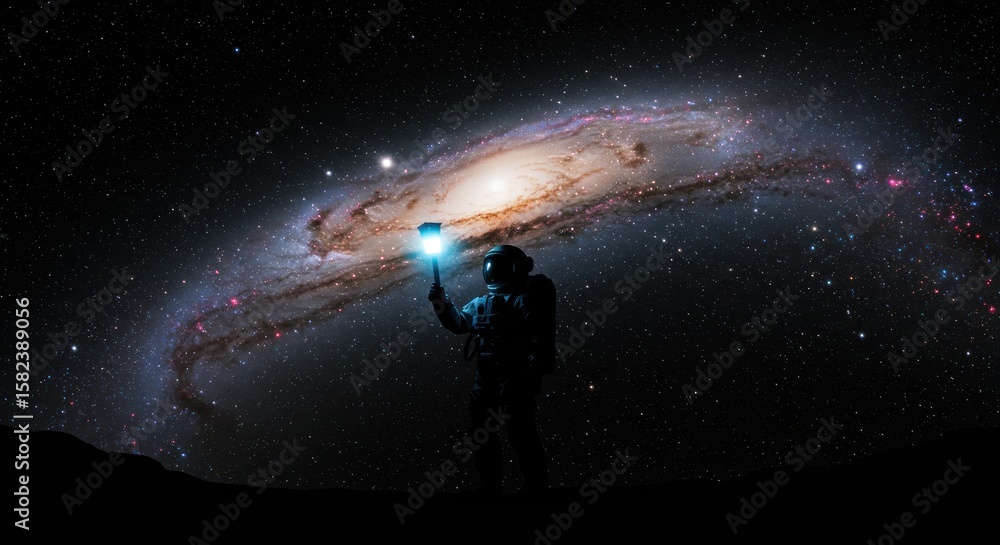 Obraz premium Astronaut's exploration with luminous device and a distant galaxy illuminating the vast cosmos