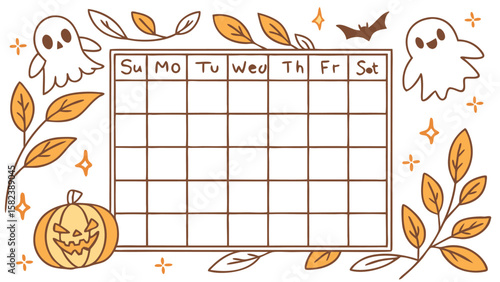 Aesthetic halloween themed calendar with ghosts pumpkin bat leaves and stars for planning events and dates