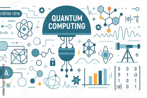 Quantum computing graphic with symbols and illustrations in blue  