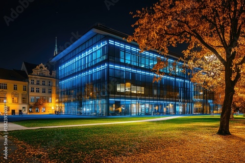 A modern glass office building with blue lights stands on the square near buildings in the center of Ostrava, highlighting its architecture and green lawn at night.