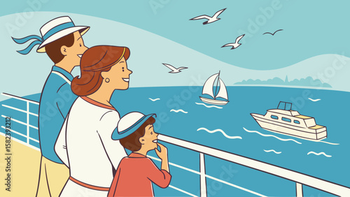 A happy family enjoying a day at sea, watching sailboats and seagulls from the deck of a cruise ship.