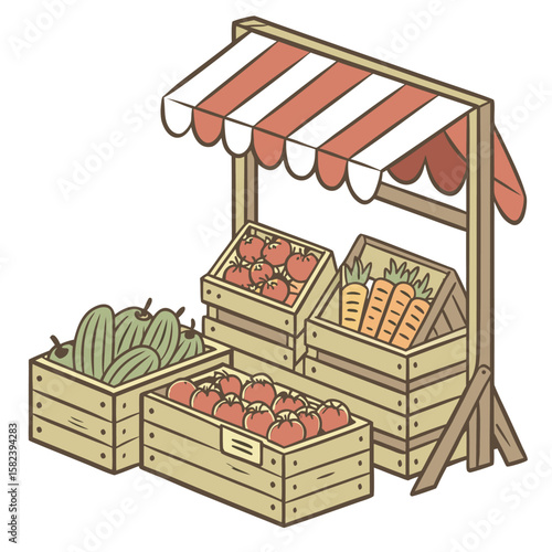 Illustration of a farmers market stand with tomatoes carrots and cucumbers in wooden crates under a striped awning