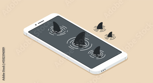 A smartphone screen displays shark fins emerging from the water, symbolizing online dangers and security threats, isolated on a neutral background