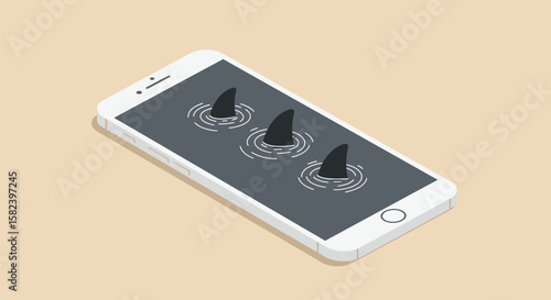 A smartphone screen displays shark fins emerging from the water, symbolizing online dangers and security threats, isolated on a neutral background