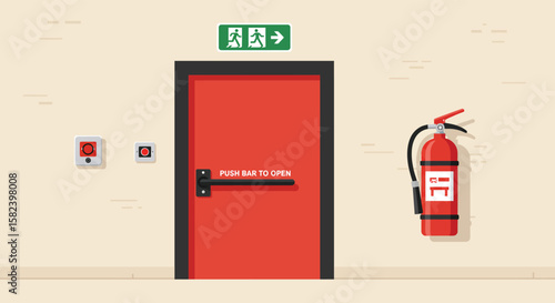 A red fire exit door with a green exit sign and a fire extinguisher on the wall ensures safety and emergency preparedness, isolated on a neutral background