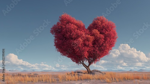Vibrant Heart Tree under Blue Sky: Nature Illustration of Life, Love, and Hope Background
