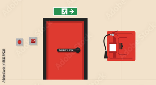 A red fire exit door with a green exit sign and a fire extinguisher on the wall ensures safety and emergency preparedness, isolated on a neutral background