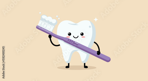 A happy cartoon tooth character holds a toothbrush with toothpaste, promoting dental care and oral hygiene, isolated on a neutral background