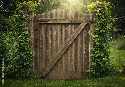Rustic wooden gate in a lush garden