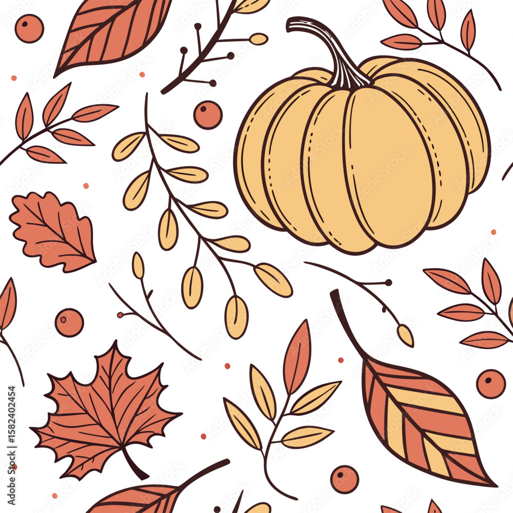 Naklejka premium Illustration of a seamless pattern with a pumpkin, leaves, and berries on a white background design art