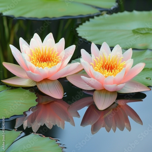Twin pink water lilies reflected in calm water