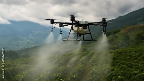 A drone sprays mist over lush agricultural fields in a mountain landscape, showcasing modern precision farming and advanced agricultural technology.
