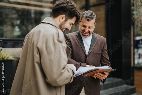 Two men enthusiastically discuss and look over documents together while outside in a modern urban setting, highlighting collaboration, professionalism, and teamwork.