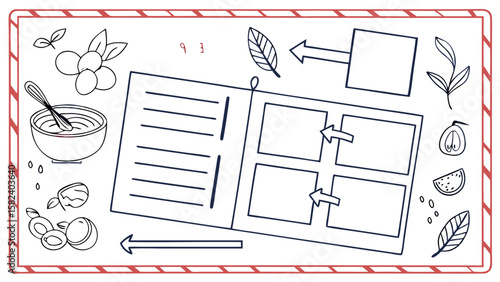 Illustration of a recipe book with ingredients and steps for making a beauty product on a table