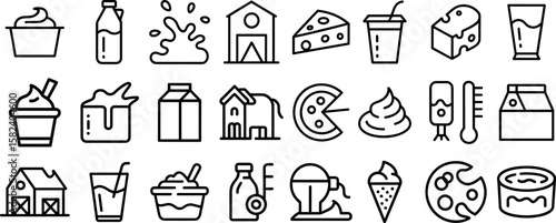 Milk and dairy products icon set, Natural cow's milk and fermented milk products, cheese, cream and more vector illustration