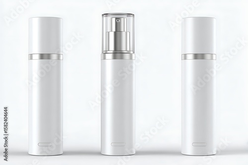 A sleek cylindrical airless pump bottle mockup appears on a pure white background. It's shown in multiple angles with subtle shadowing, perfect for cosmetic product presentation