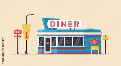 A charming retro diner stands ready to serve customers with its classic american roadside appeal