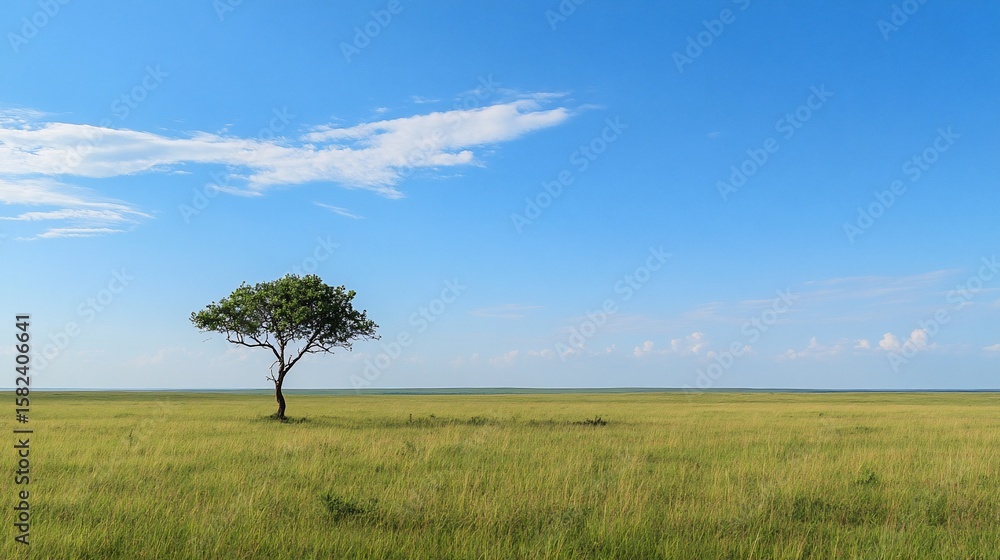 Lone Tree Stands Proudly on the Vast African Savannah Under a Blue Sky Lone Tree Stands Proudly on the Vast African Savannah Under a Blue Sky