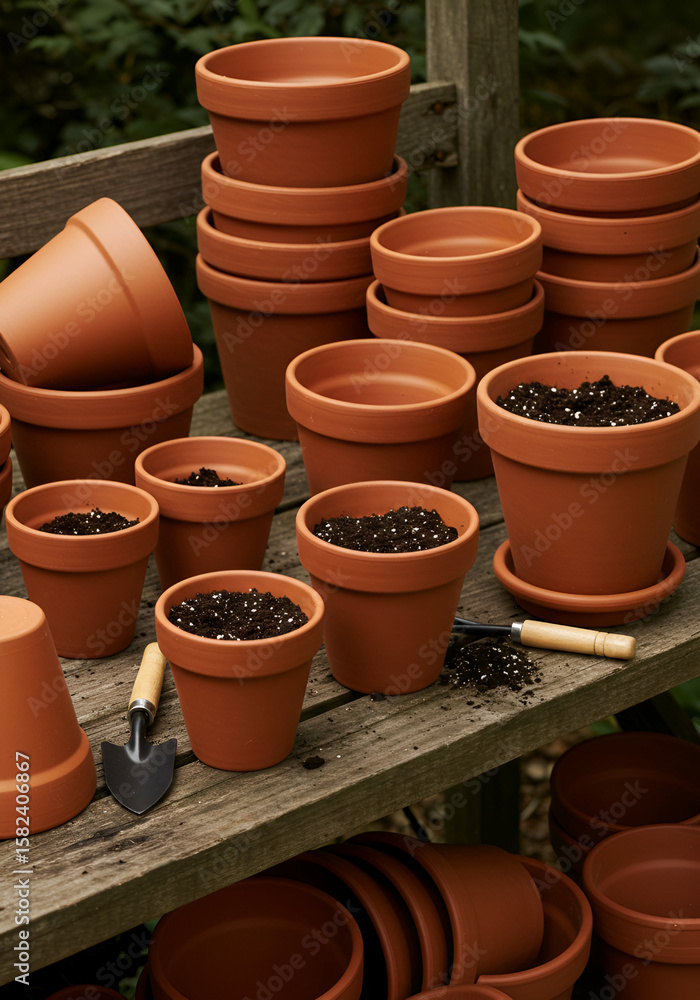 Terracotta plant pots arranged on a wooden shelf outdoors Terracotta plant pots arranged on a wooden shelf outdoors