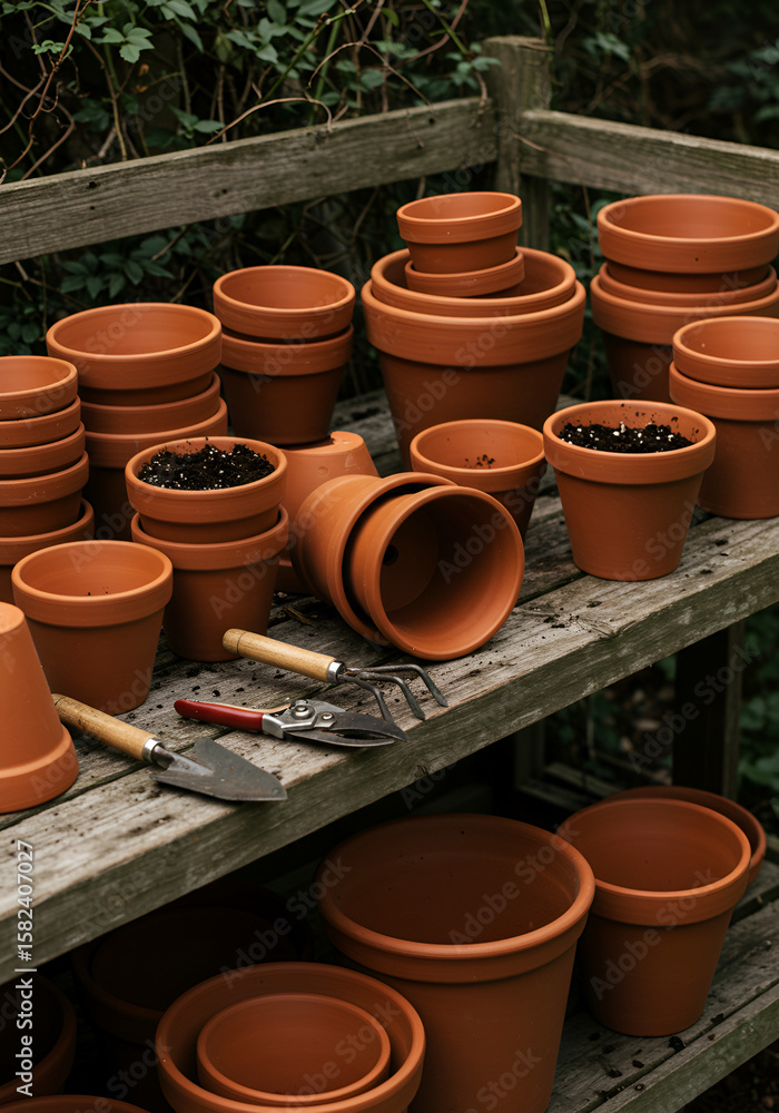 Terracotta pots of varying sizes on wooden shelves outdoors Terracotta pots of varying sizes on wooden shelves outdoors
