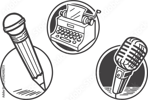 Illustration showing pencil microphone and typewriter in circles representing different media forms types