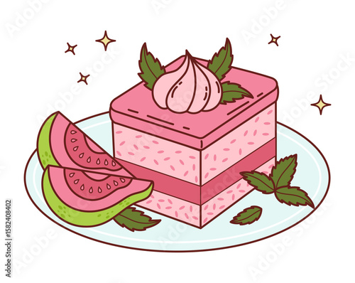 Guava sweet dessert cake cupcake in plate with Mint leaves and tropical Pink fruit slices. Vector Illustration. Exotic Creamy food for summer, menu design, packaging and healthy themes. Not ai