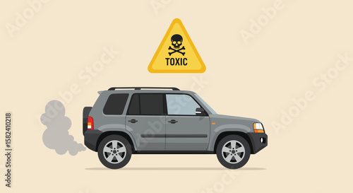 A car emits toxic fumes, highlighting the dangers of pollution with a skull and crossbones warning sign