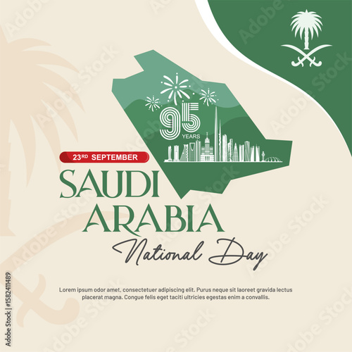 95 years Arabia National Day 2025 Poster Illustration with 95 logo and Saudi Tallest Skyscrapers Illustration. Best for Saudi Vision 2030, business greeting, poster, banner, social media feed. 